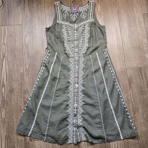 Johnny Was Dress Womens S Green Linen Embroidered Button Lagenlook Boho Resort